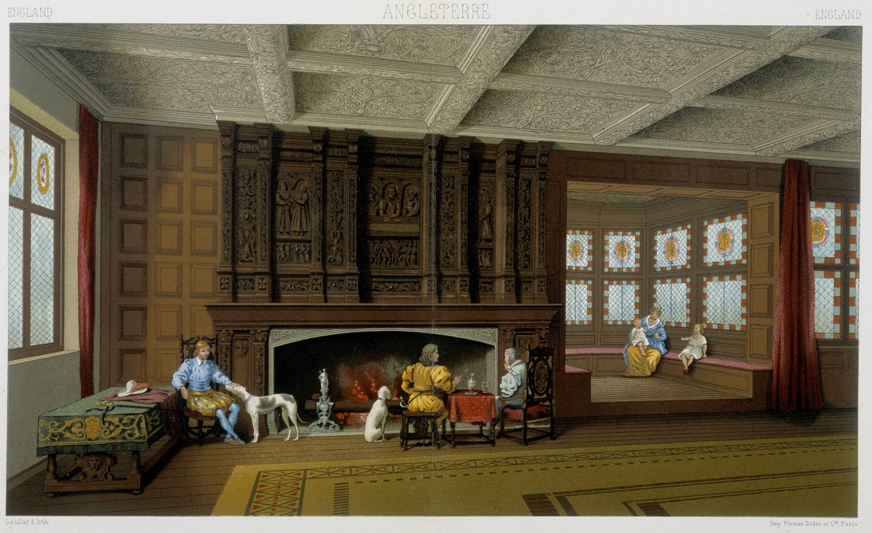 Anglický lord a jeho rodina ve svém domě ze 17. století. Chromolitografická deska - v „“Le Kostým historique““ od Racinet od Albert Charles August Racinet