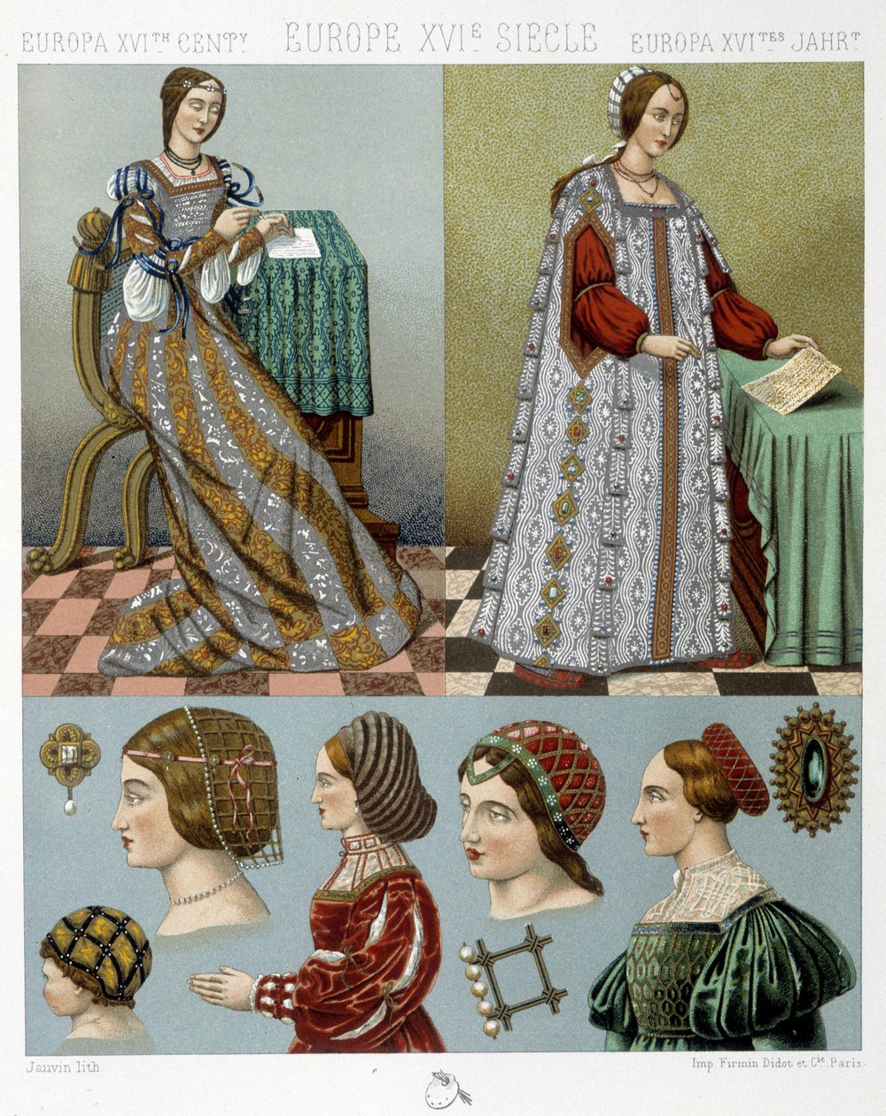 Móda a kadeřnictví v Evropě v 16. století - v „historickém kostýmu““ od Racineta, konec 19. století od Albert Charles August Racinet