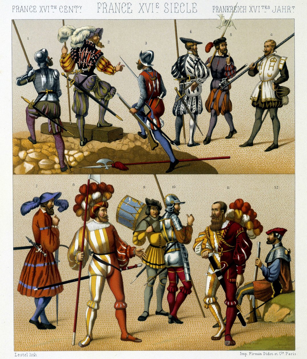 Francouzské vojenské kostýmy v 16. století. Chromolitografická deska - v „“Le Kostým historique““ od Racinet od Albert Charles August Racinet
