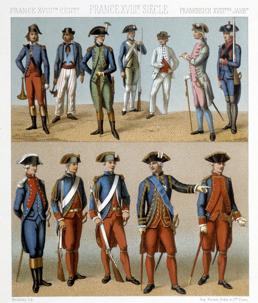 Francouzské vojenské kostýmy v 18. století. Ilustrace v „“Le Kostým historique““ od Racinet od Albert Charles August Racinet
