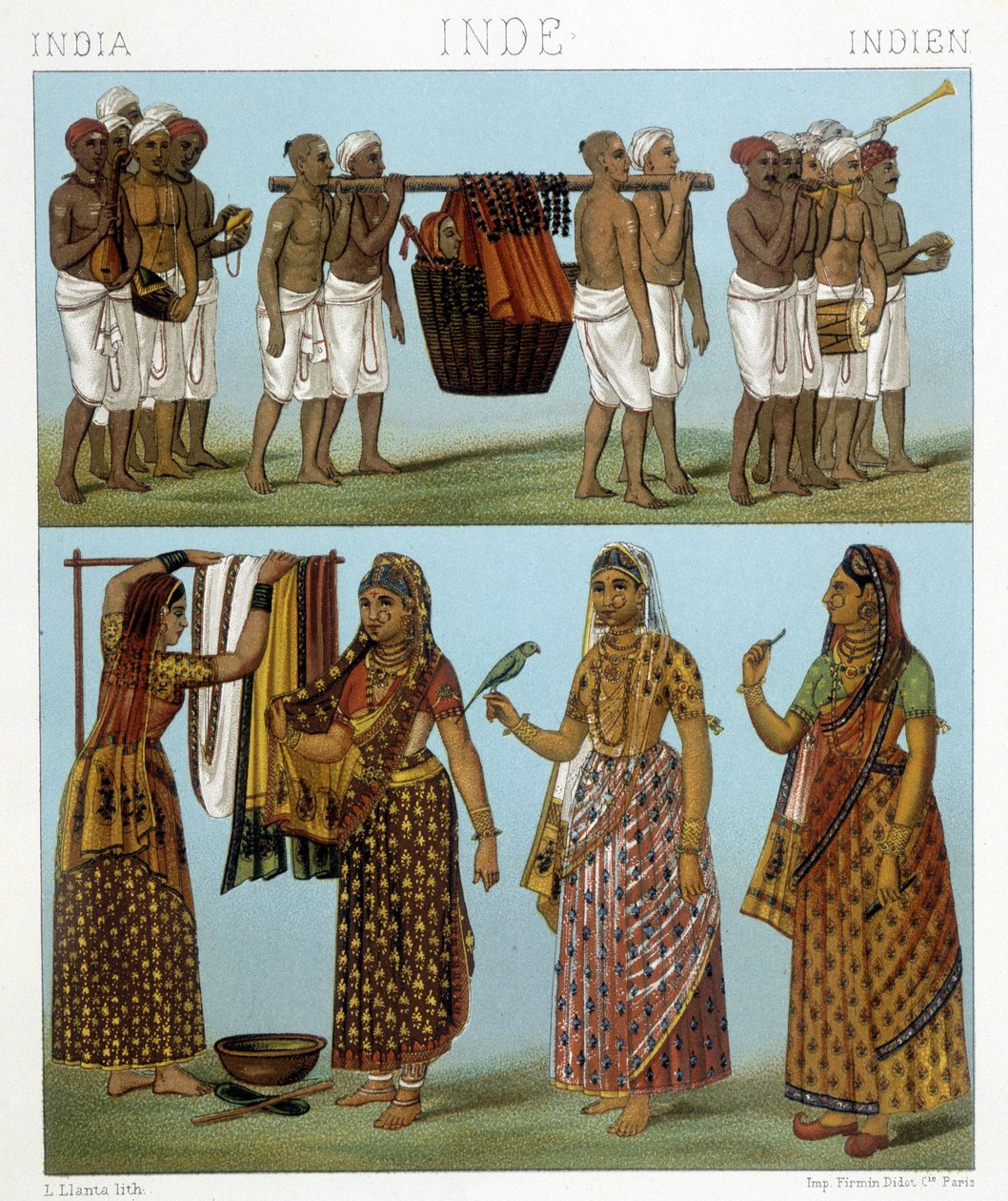 Pohřeb (nahoře na obrázku) a prádelna (dole na obrázku) v Indii. Ilustrace v „“Le Kostým historique““ od Racinet od Albert Charles August Racinet