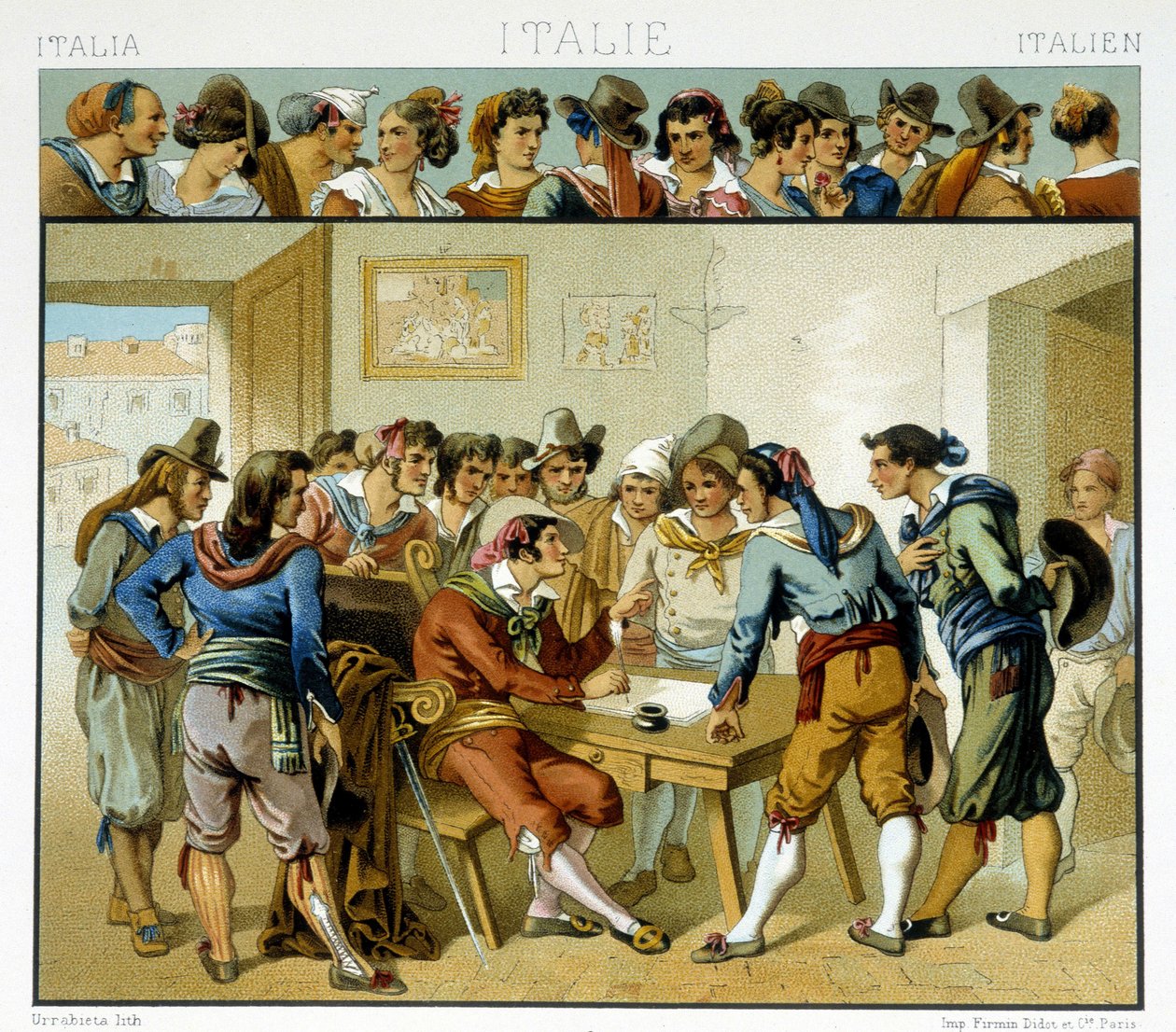 Skupina Italů kolem spisovatele zastoupeného v populárních římských kostýmech 19. století. Chromolitografická deska - v „“Le Kostým historique““ od Racinet od Albert Charles August Racinet