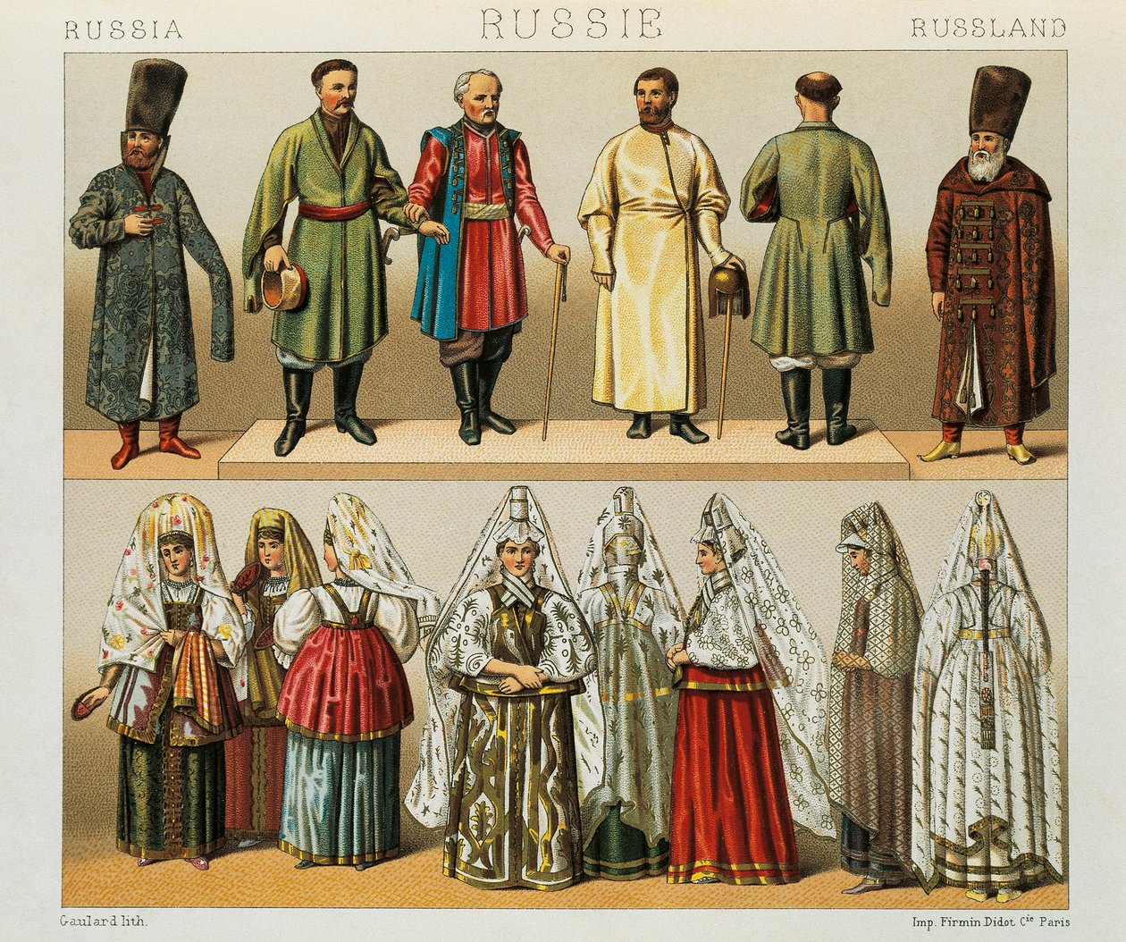 Historické šaty ruského lidu, ilustrace z Úplné historie kostýmů od Racinet Auguste od Albert Charles August Racinet