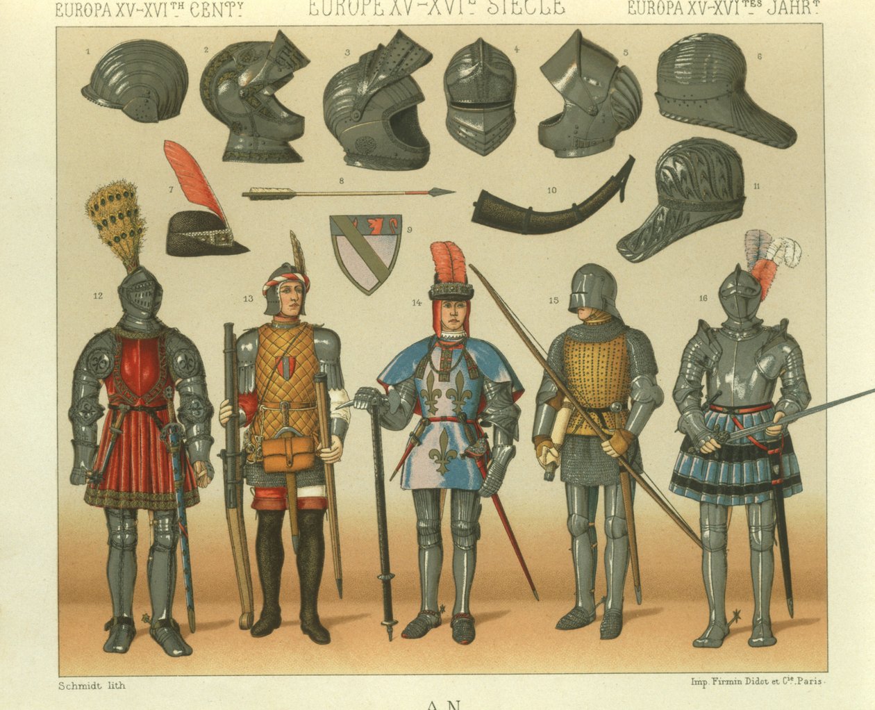 Ilustrace brnění evropských válečníků od Albert Charles August Racinet