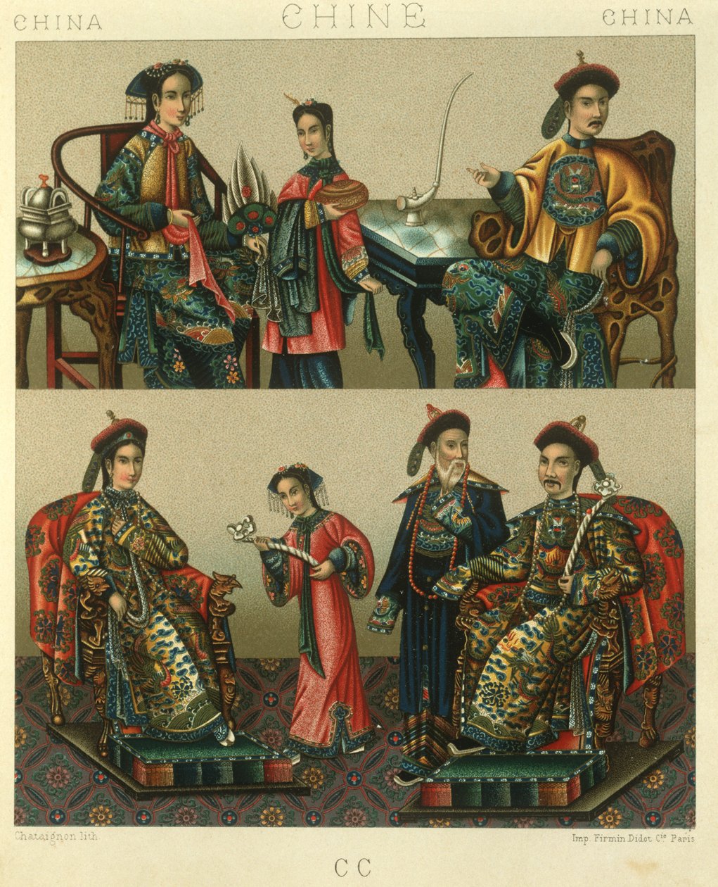 Ilustrace císařské rodiny Chin; Čína od Albert Charles August Racinet