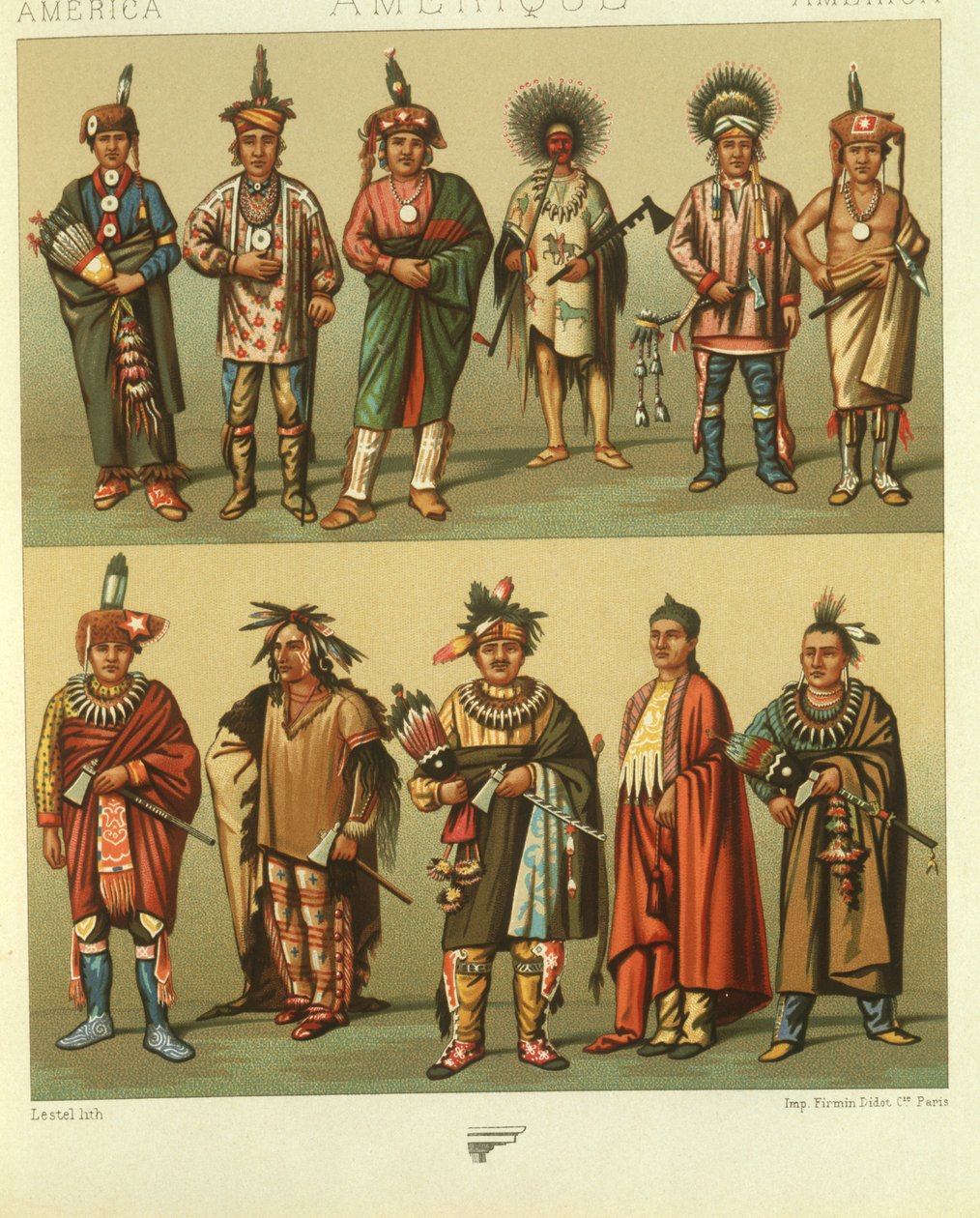 Ilustrace severoamerických indiánů z Kansasu a Nebrasky, USA od Albert Charles August Racinet