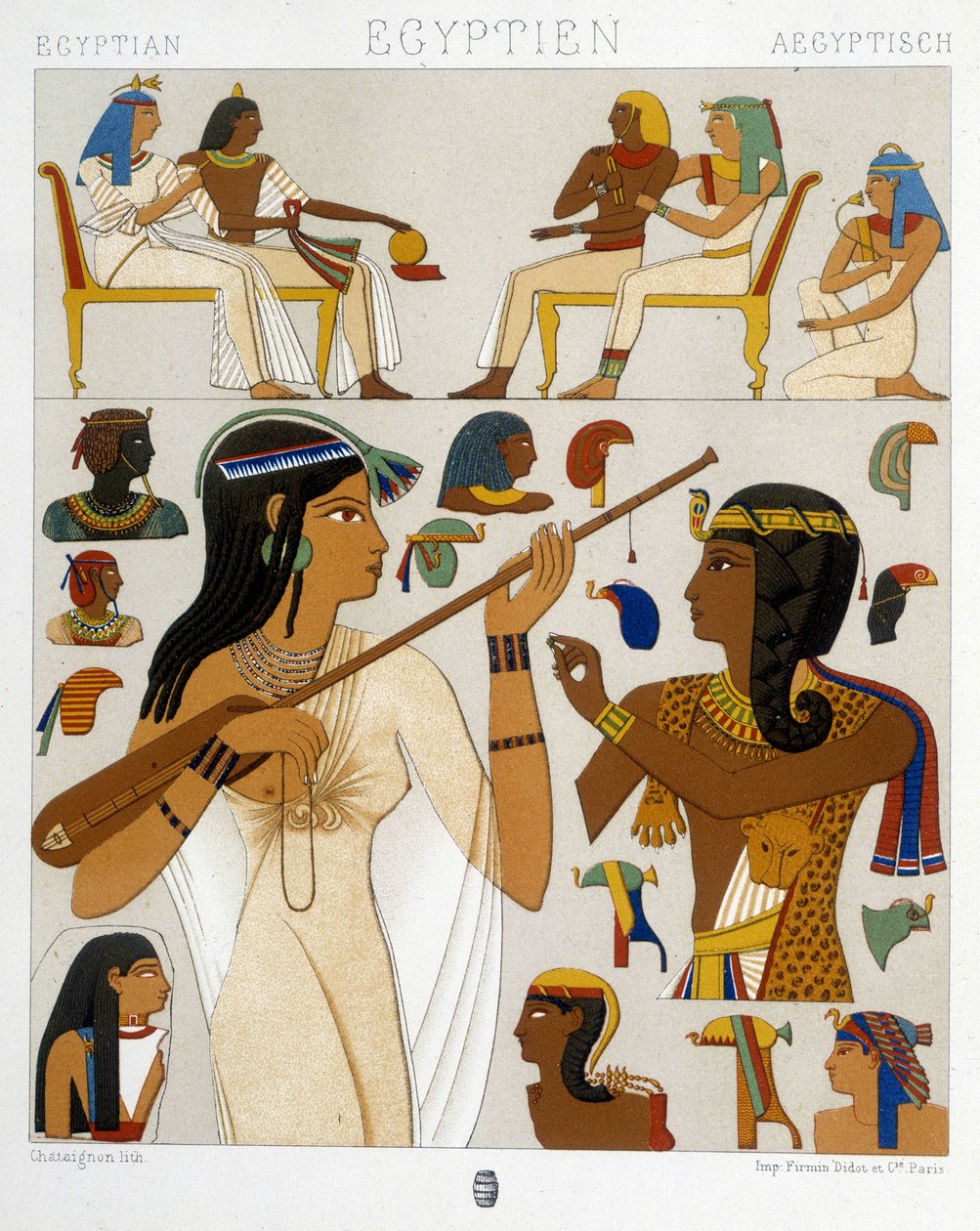 Obrázky reprodukované z fresek starověkého Egypta v „Historickém kostýmu““ od Racqueta 1888 od Albert Charles August Racinet