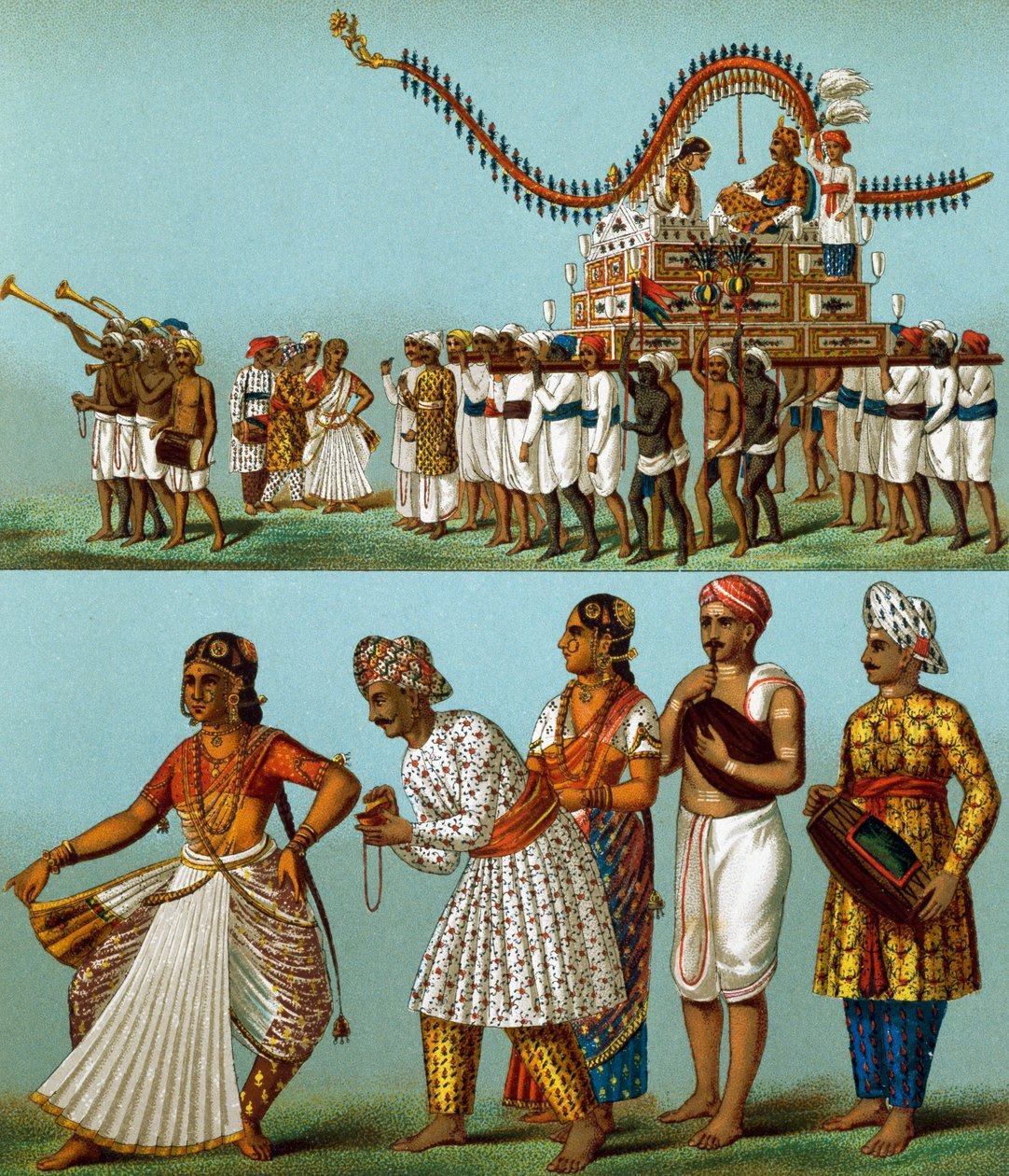 Indie, průvody, hudba, tance, Auguste Racinet (1825-1893), litografie pochází z Le Costume Historique, svazek I od Albert Charles August Racinet