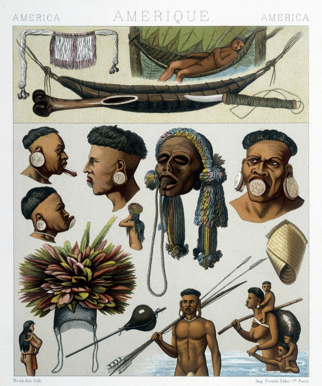 Domorodí obyvatelé Brazílie a Paraguaye. Ilustrace v „Historickém kostýmu“ od Racinet od Albert Charles August Racinet