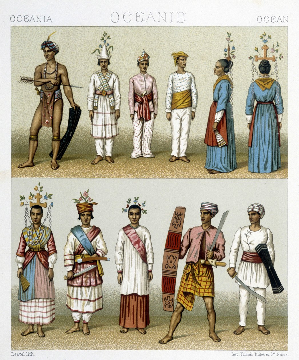 Obyvatelé Celebeských ostrovů v Indonésii. Ilustrace v „“Le Kostým historique““ od Racinet od Albert Charles August Racinet