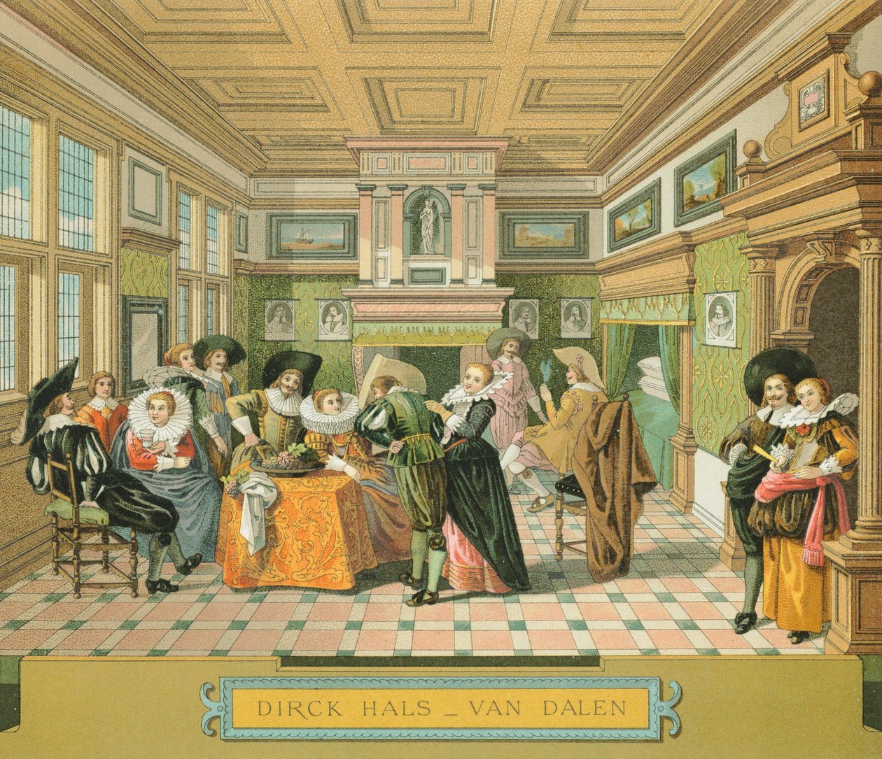 Interiér holandského šlechtického obydlí v 17. století, ilustrace z Kompletní historie kostýmů od Racinet Auguste od Albert Charles August Racinet