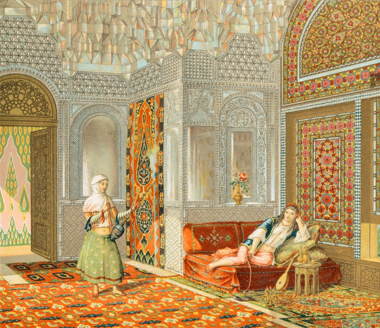 Interiér perského pokoje, ilustrace z kompletní historie kostýmů od Auguste Racineta od Albert Charles August Racinet