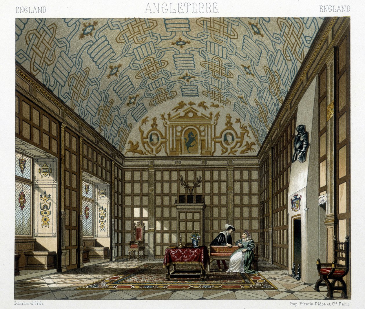 Interiér honosného domu v Anglii v 17. století. Ilustrace v „“Le Kostým historique““ od Racinet od Albert Charles August Racinet