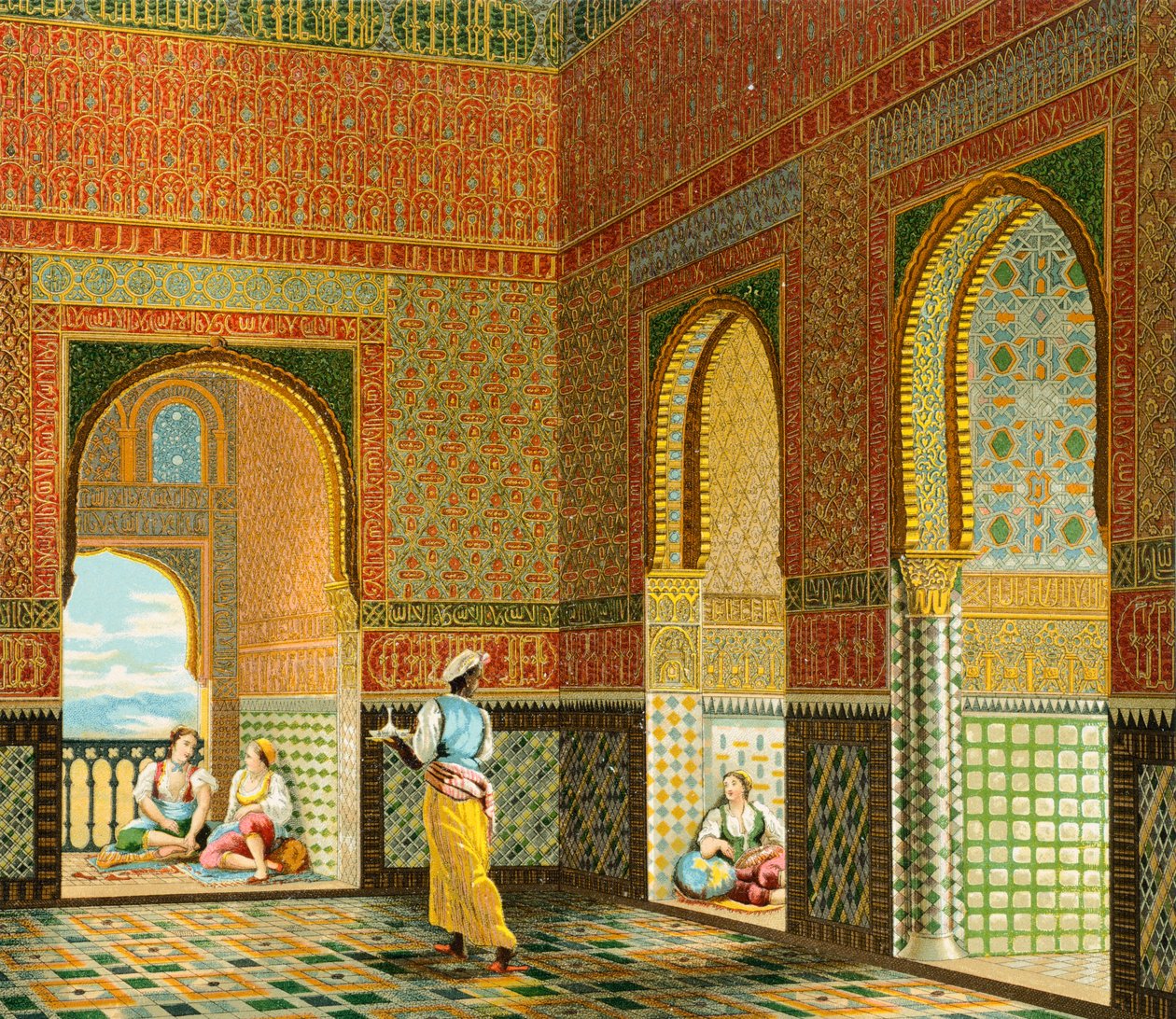 Interiér bohatého Maurova obydlí, ilustrace z kompletní historie kostýmů od Auguste Racineta od Albert Charles August Racinet