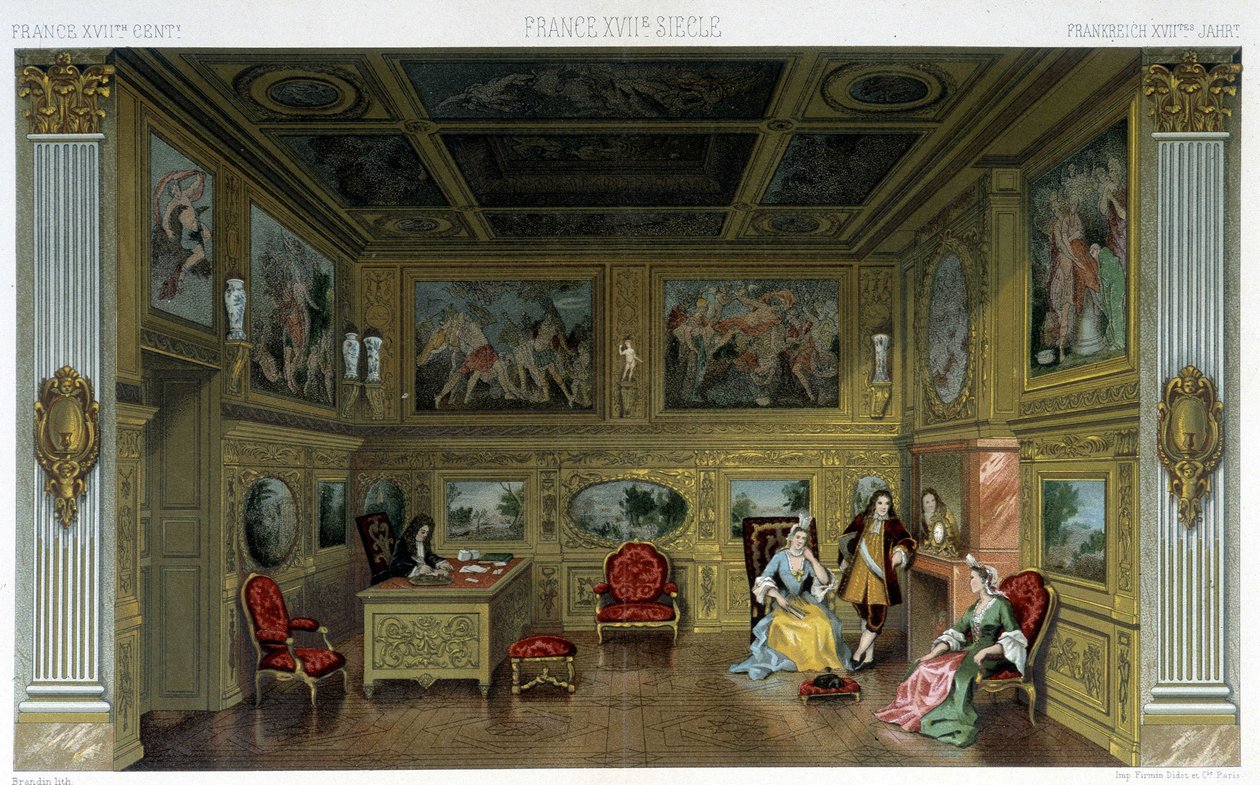 Muži a ženy v bohatém domě z 18. století. Ilustrace v „“Le Kostým historique““ od Racinet od Albert Charles August Racinet