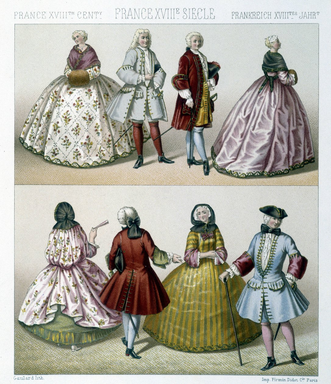 Muži a ženy nosí módní kostýmy z 18. století ve Francii. Ilustrace v „“Le Kostým historique““ od Racinet od Albert Charles August Racinet