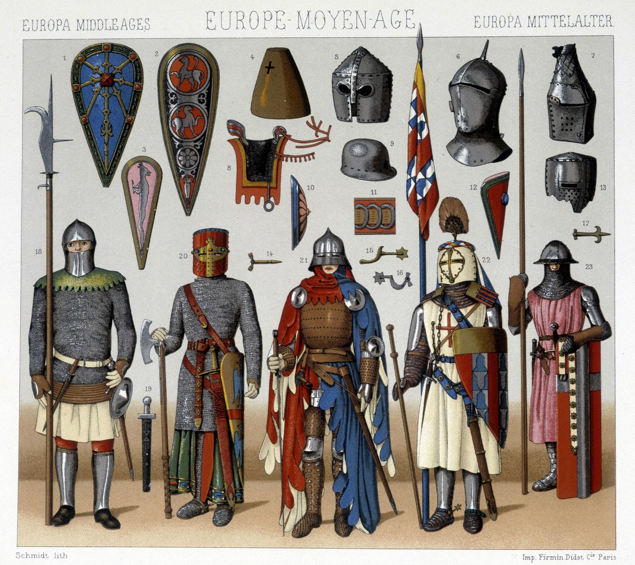Vojenské kostýmy a přilby ve Francii od 13. do 15. století. Ilustrace v „“Le Kostým historique““ od Racinet od Albert Charles August Racinet