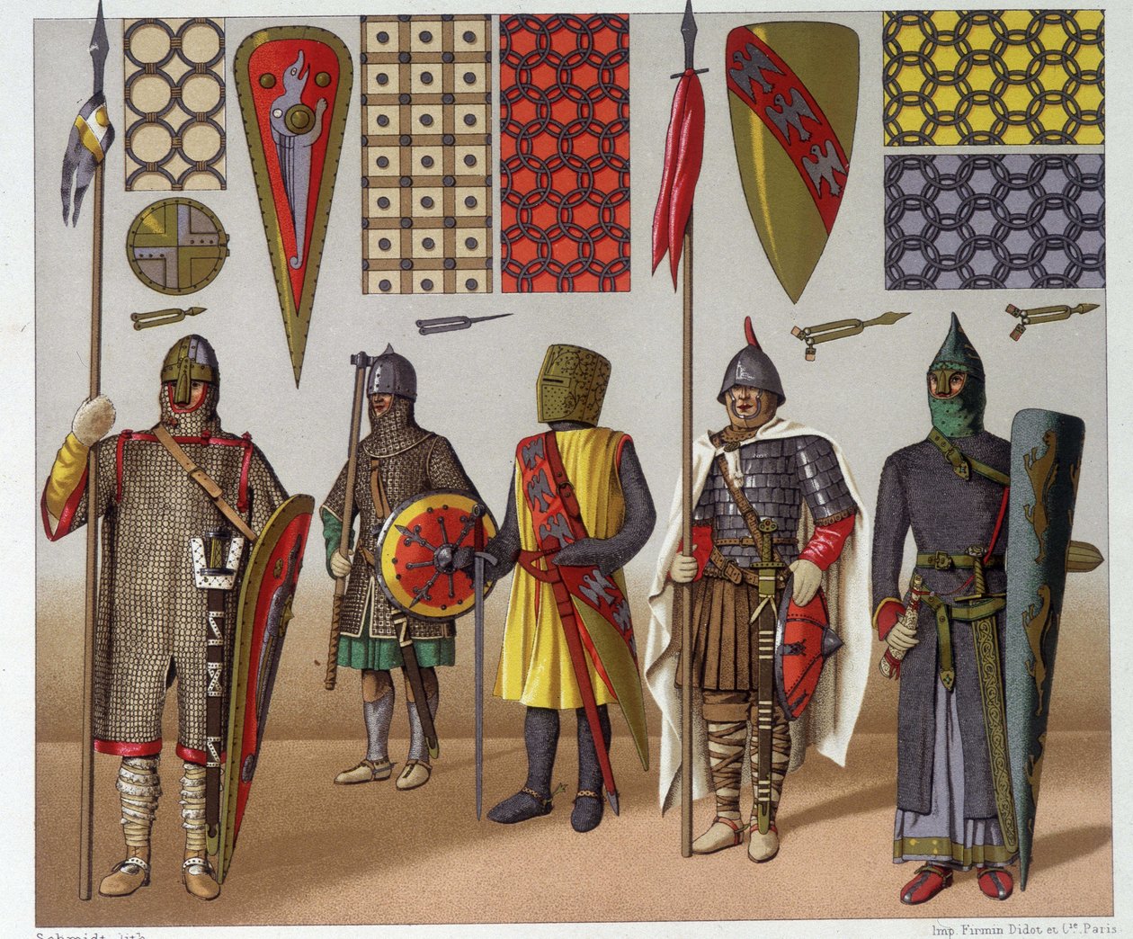 Vojenské kostýmy z 9. až 12. století od A. Racineta od Albert Charles August Racinet