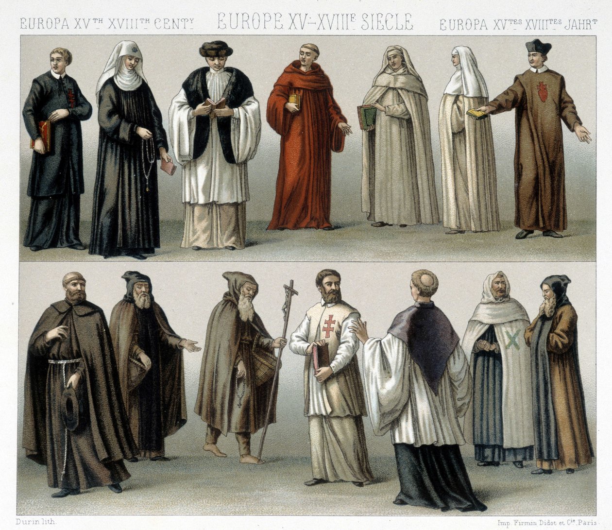 Klášterní kroje v Evropě od 15. do 18. století. Ilustrace v „“Le Kostým historique““ od Racinet od Albert Charles August Racinet