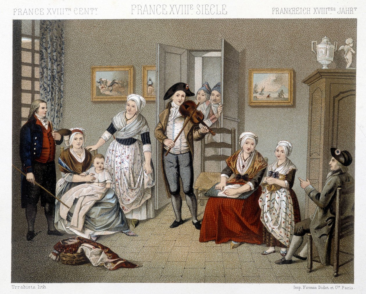 Hudebníci hrající jejich vpád pro rodinu uvnitř domu. Ilustrace v „“Le Kostým historique““ od Racinet od Albert Charles August Racinet