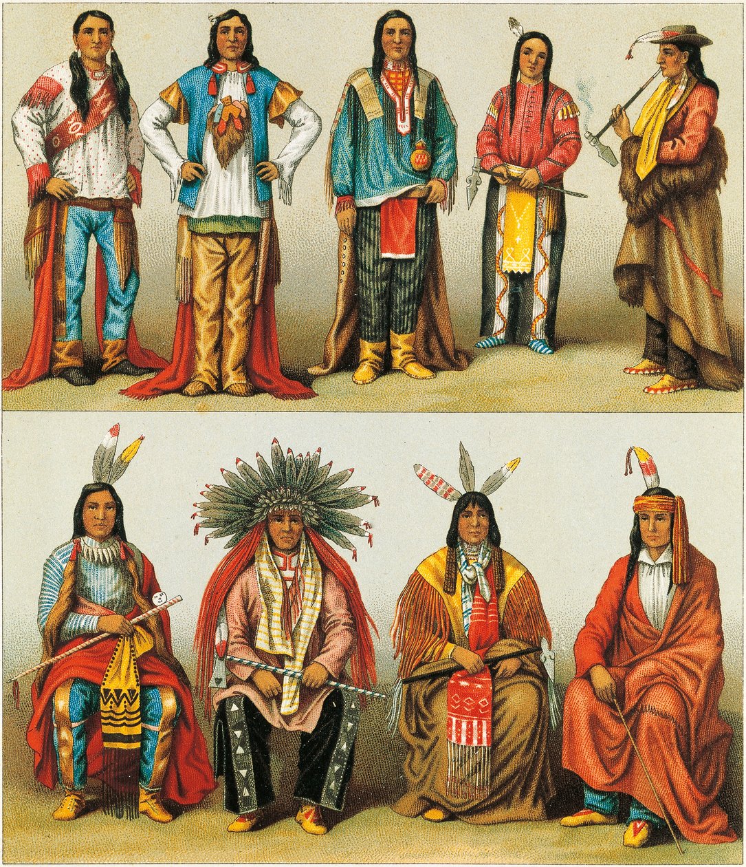 Domorodí Američané z Mississippi a Colorada, litografie Nordmanna a Sahna z Le Costume Historique, svazek 2 od Albert Charles August Racinet