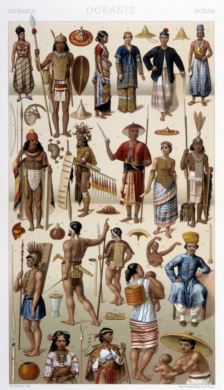 Lidé z Malajsie a Polynésie (Oceánie). Ilustrace v „“Le Kostým historique““ od Racinet od Albert Charles August Racinet