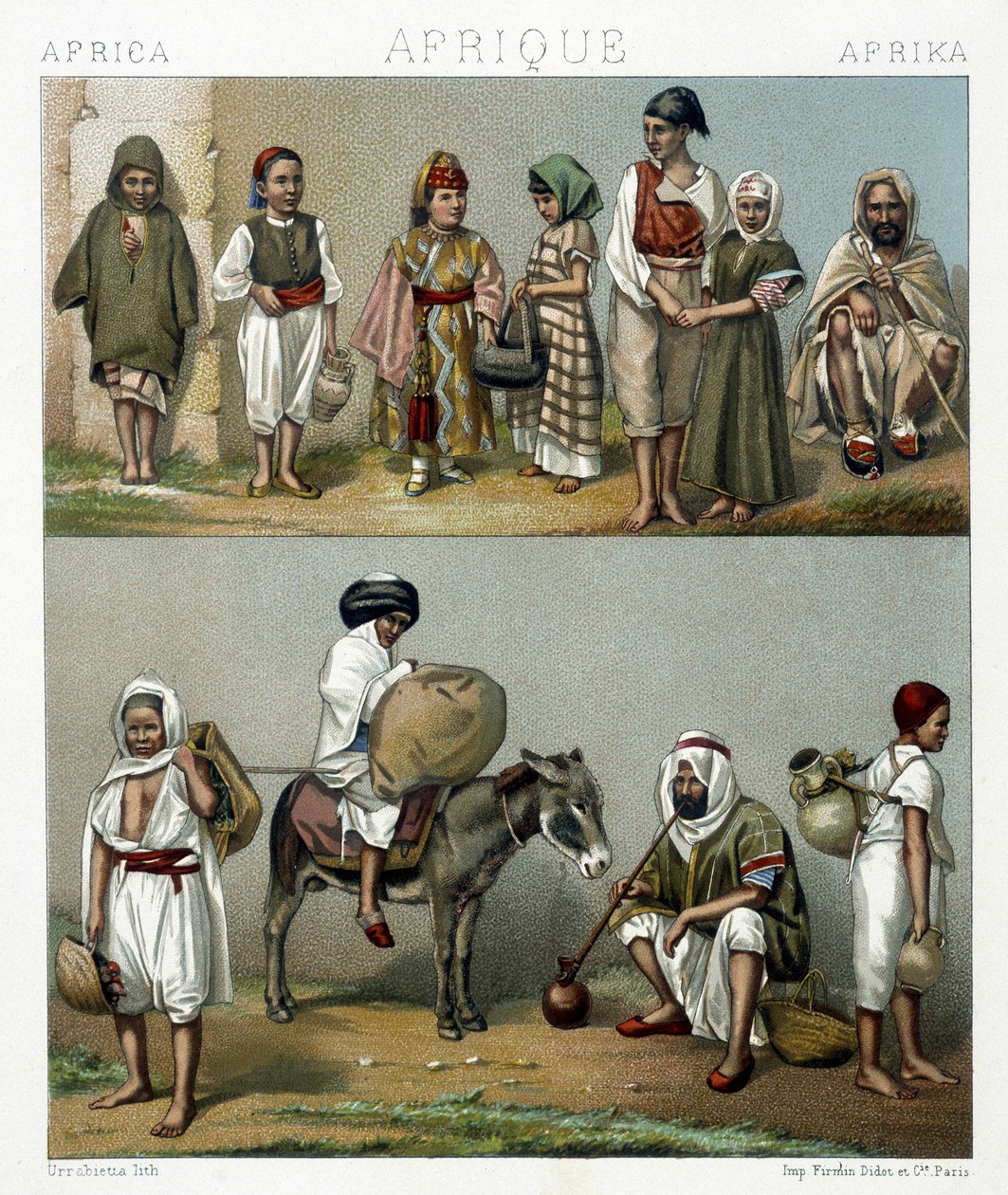 Oblíbené kostýmy z Alžírska a Tuniska. Ilustrace v „“Le Kostým historique““ od Racinet od Albert Charles August Racinet