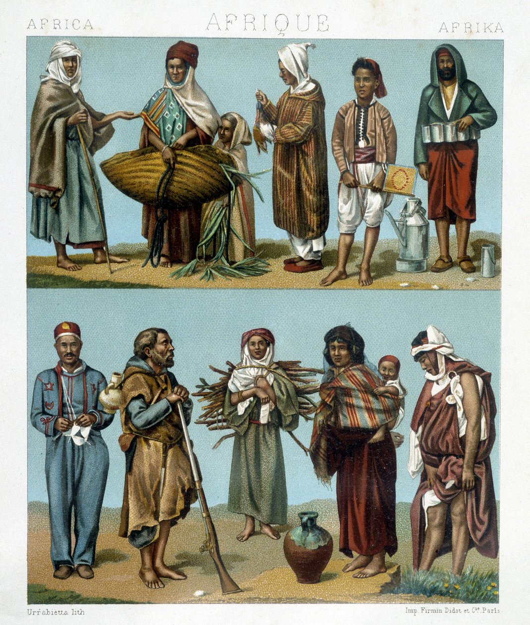 Populární kostýmy Afriky. Ilustrace v „Historickém kostýmu““ od Racinet od Albert Charles August Racinet