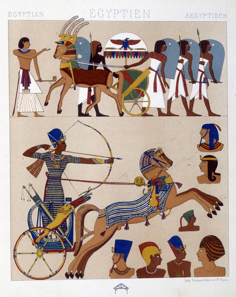 Reprodukce fresek starověkého Egypta včetně Ramsese II na jeho tanku - v „Historickém kostýmu““ od Racinet od Albert Charles August Racinet
