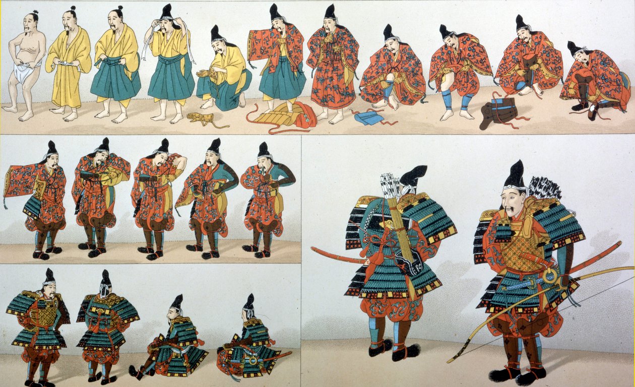 Samuraj během slavnostního oblékání - v historickém kostýmu od Racineta od Albert Charles August Racinet