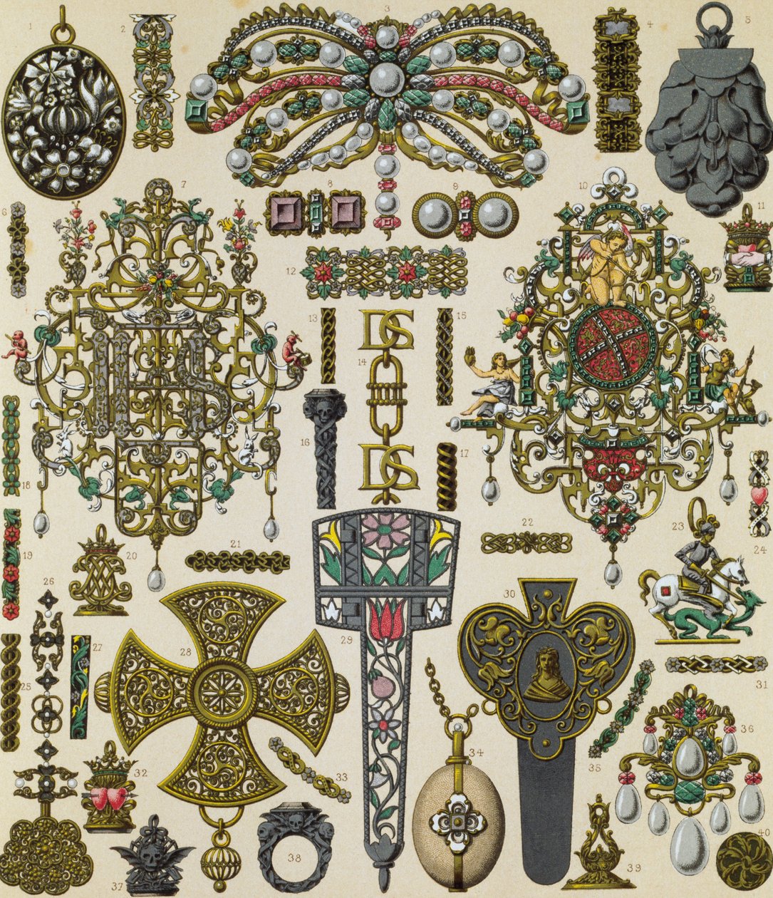 Šperky ze 17. století, Schmidtova litografie publikovaná v Le Kostým historique, svazek V. od Albert Charles August Racinet