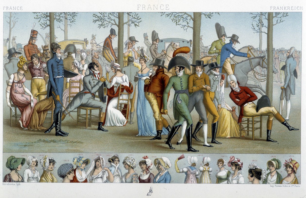 Buržoazní kráčející do Longchamp, deb. 19. století - v „“Le Kostým historique““ od Racineta od Albert Charles August Racinet