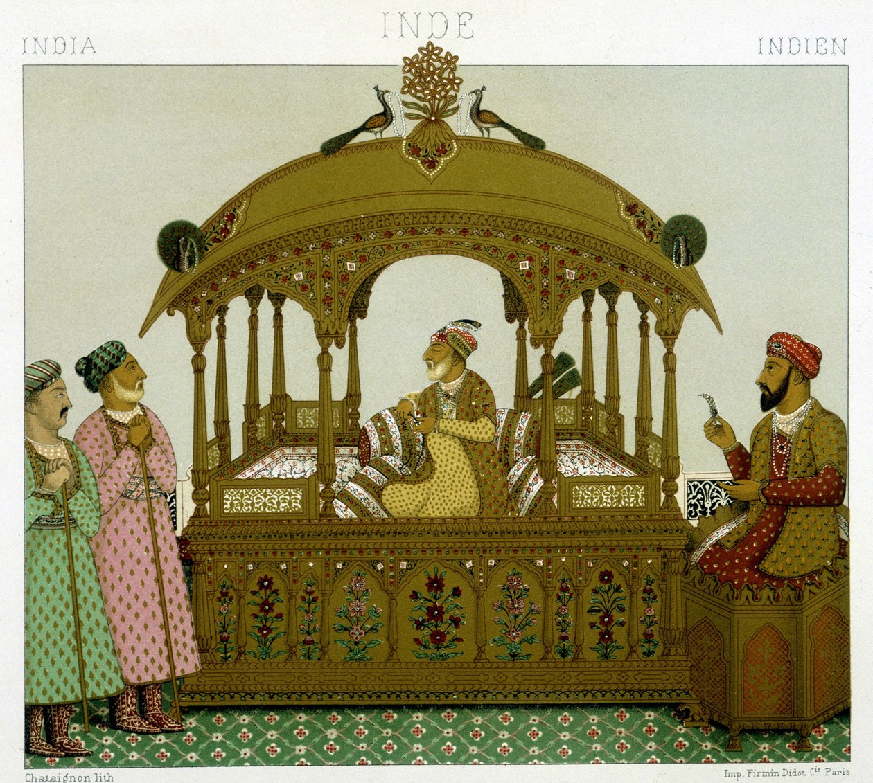 Trůn mughalských císařů. Chromolitografická deska - v „“Le Kostým historique““ od Racinet od Albert Charles August Racinet