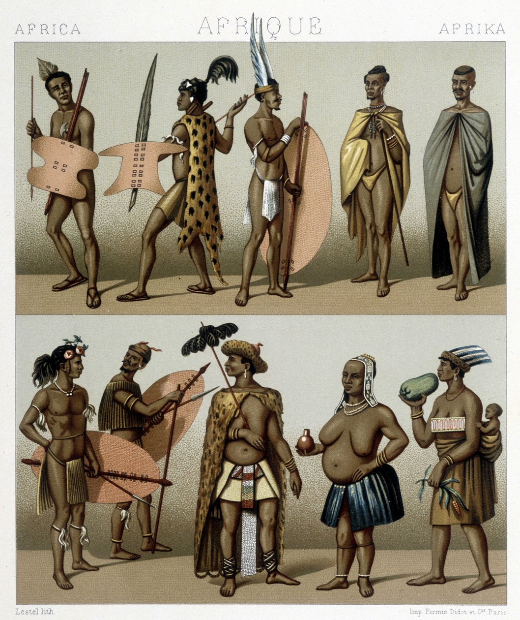 Tradiční kostým Cafrerie (Polední část Afriky). Ilustrace v „“Le Kostým historique““ od Racinet od Albert Charles August Racinet