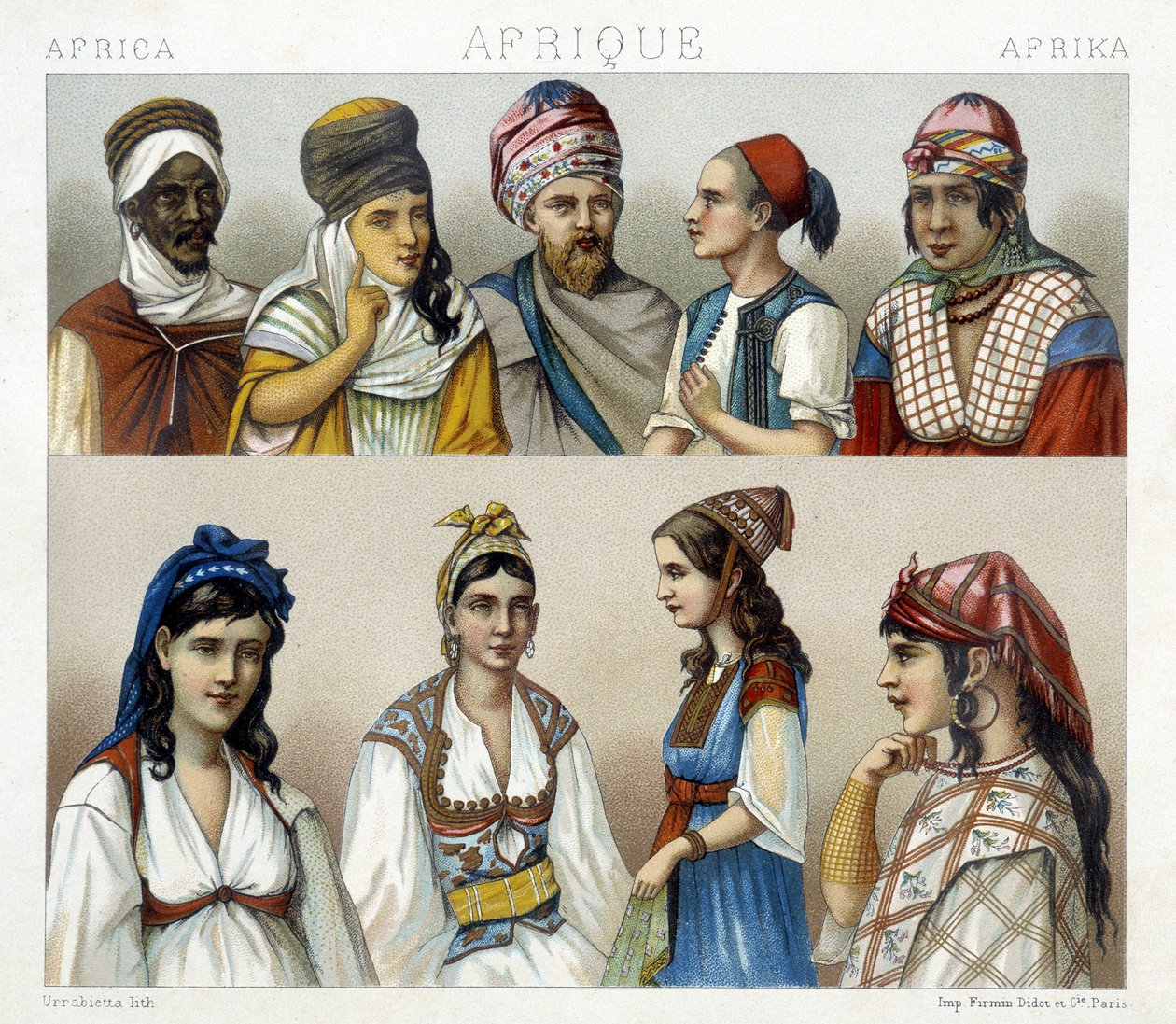 Tradiční kroje a pokrývky hlavy mužů a žen v Alžírsku. Ilustrace v „“Le Kostým historique““ od Racinet od Albert Charles August Racinet