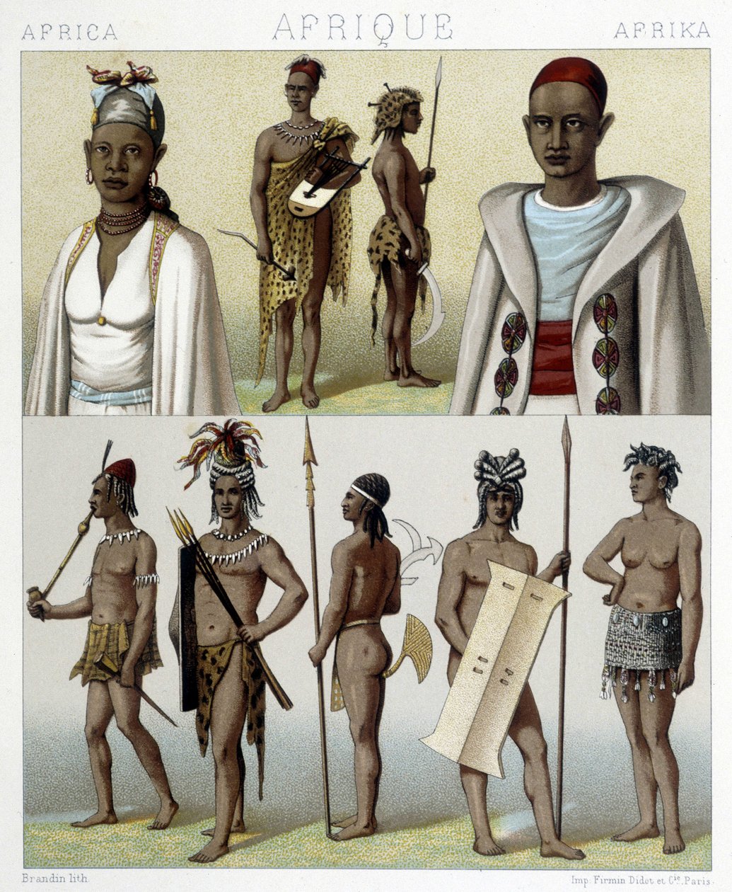 Tradiční kroje a šperky z Timbuktu a Horního Nilu. Ilustrace v „“Le Kostým historique““ od Racinet od Albert Charles August Racinet