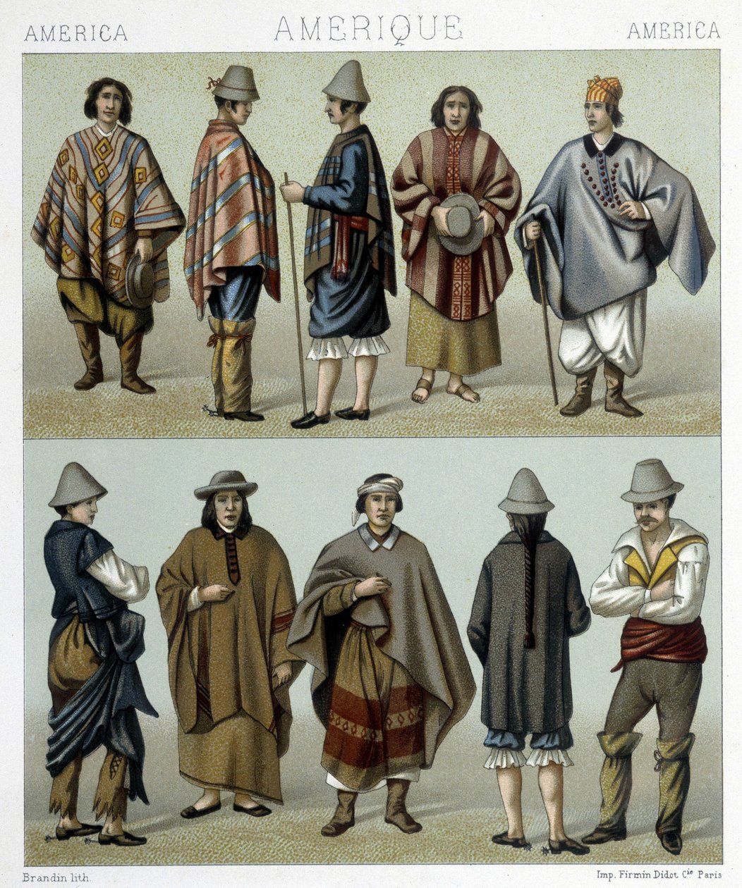 Tradiční kroje Chile. Ilustrace v „Historickém kostýmu“ od Racinet od Albert Charles August Racinet