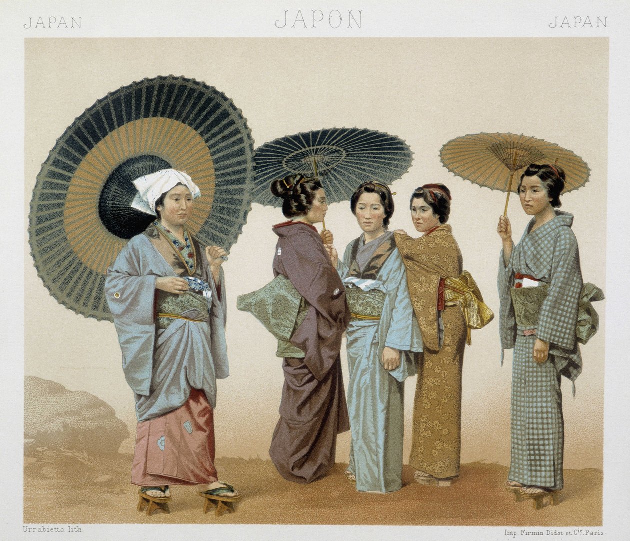 Tradiční kostýmy japonských žen. Ilustrace v „“Le Kostým historique““ od Racinet od Albert Charles August Racinet