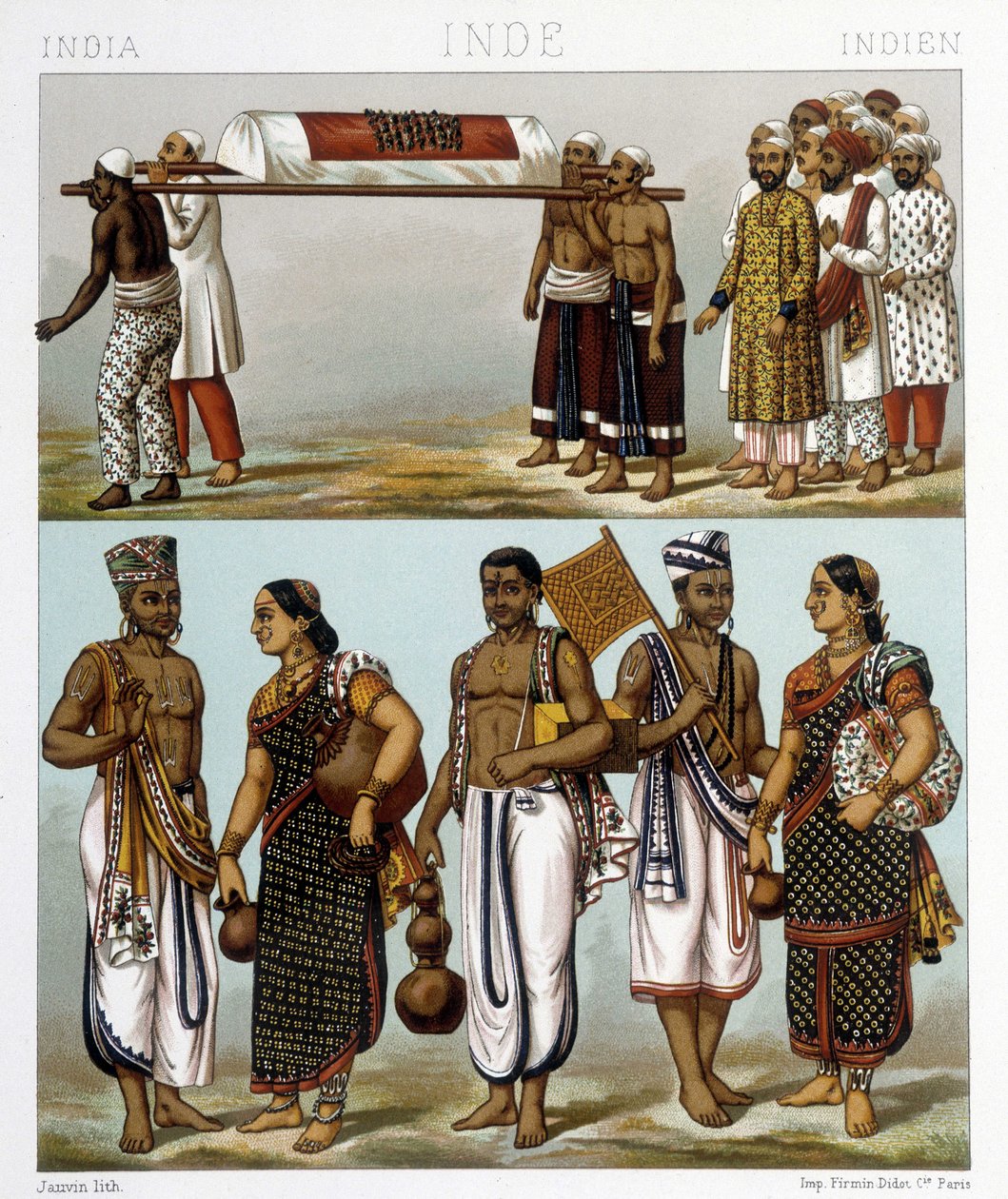 Tradiční kostýmy muslimů (nahoře na obrázku) a hinduistů (dole) žijících v Indii. Ilustrace v „“Le Kostým historique““ od Racinet od Albert Charles August Racinet