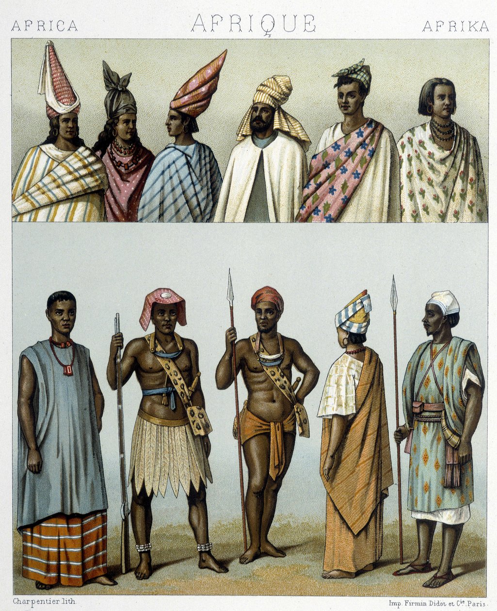 Tradiční kroje Senegalu. Ilustrace v „Le Kostým historique““ od Racinet od Albert Charles August Racinet