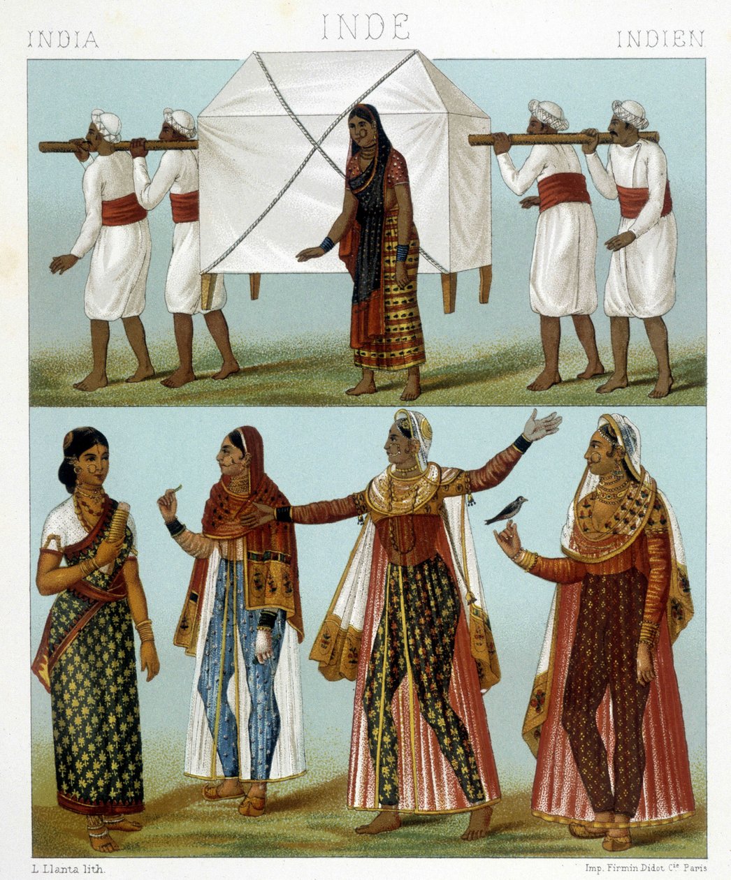 Doprava a tradiční ženské kroje. Ilustrace v „“Le Kostým historique““ od Racinet od Albert Charles August Racinet