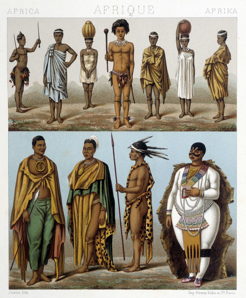 Různí muži z jižní Afriky. Ilustrace v „Le Kostým historique““ od Racinet od Albert Charles August Racinet