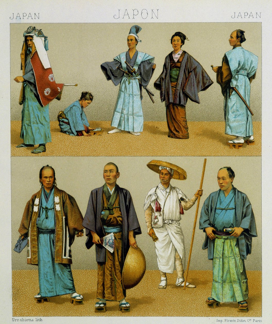 Různé tradiční japonské mužské kostýmy včetně kimona. Chromolitografická deska - v „“Le Kostým historique““ od Racinet od Albert Charles August Racinet