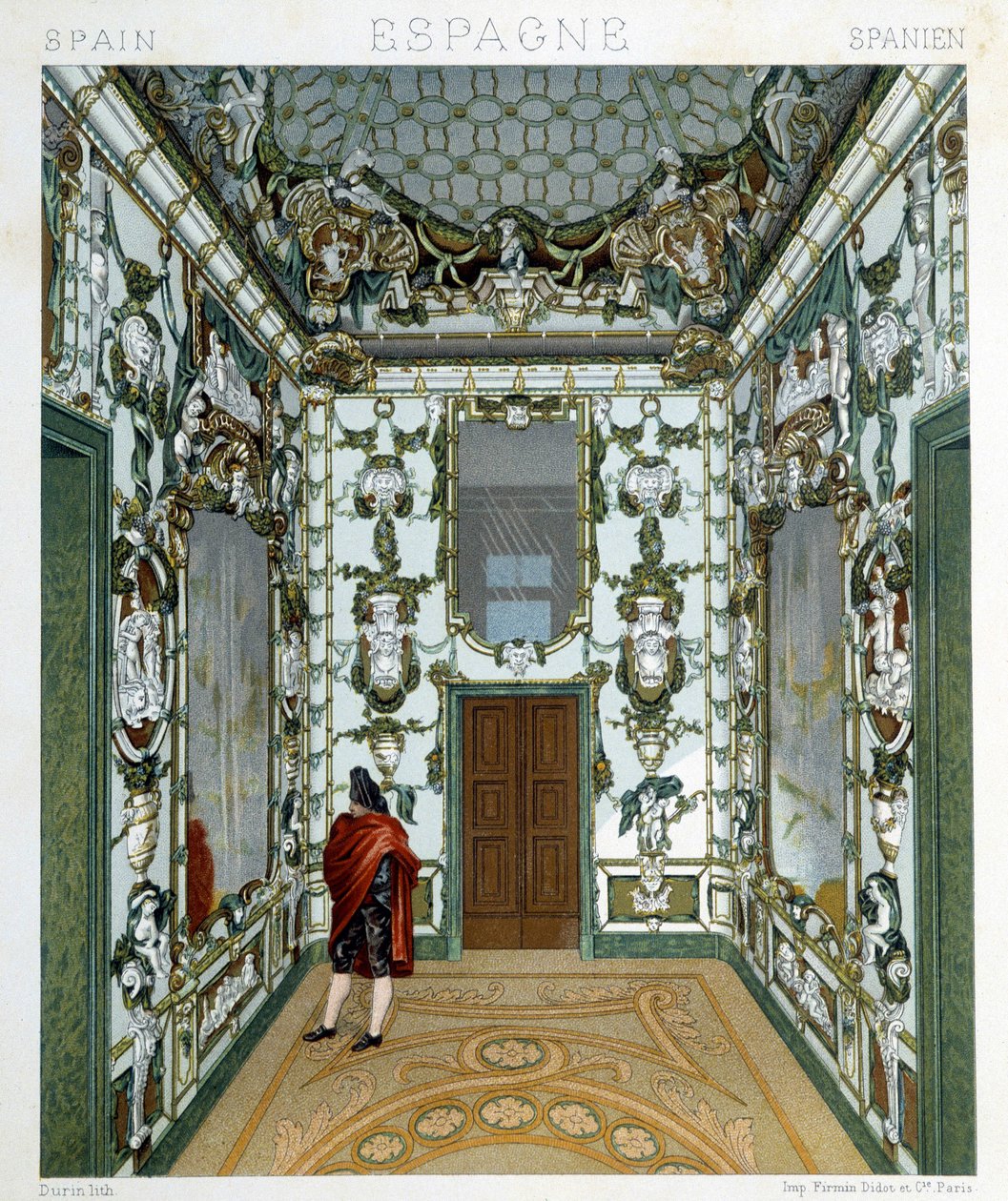 Pohled na muže uvnitř královského paláce v Madridu. Chromolitografická deska - v „“Le Kostým historique““ od Racinet od Albert Charles August Racinet