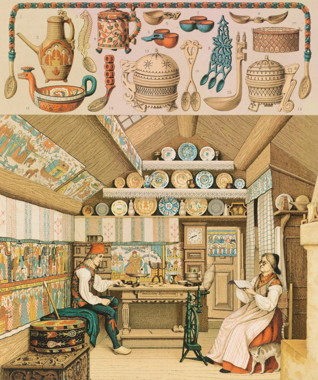 Dřevěný dům ve Švédsku, ilustrace z knihy The Complete Costume History od Racineta Augusta od Albert Charles August Racinet