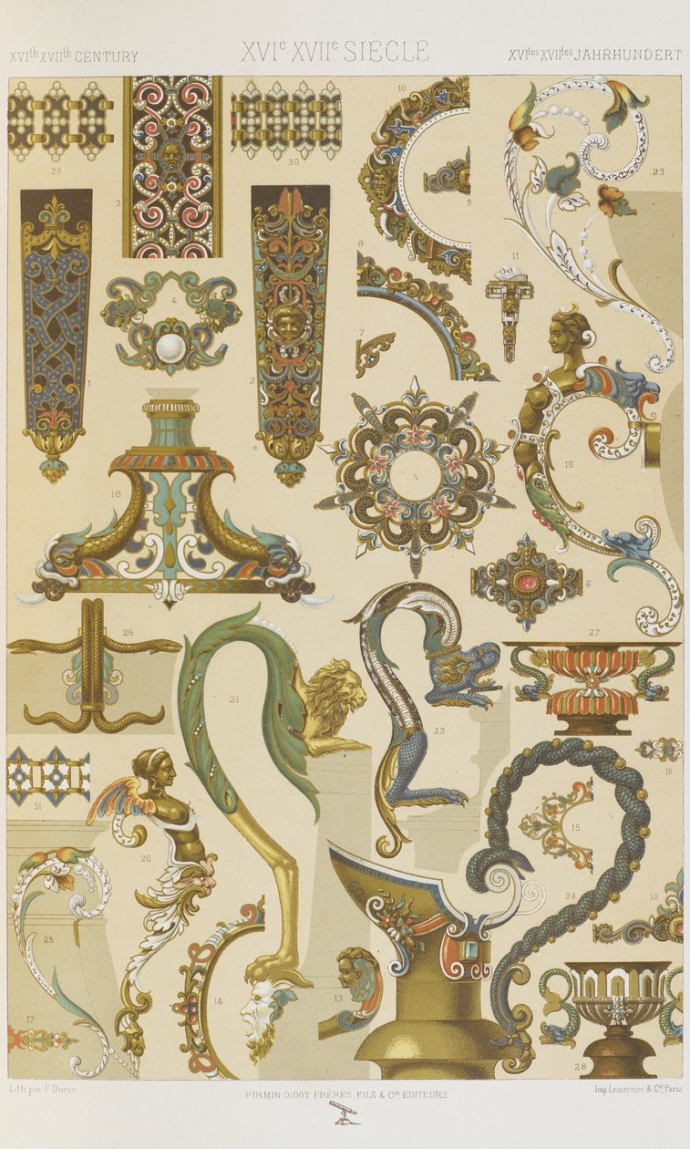 XVI. a XVII. století, deska 62 z „Polychromatický ornament: Sto desek ve zlatě, stříbře a barvách“ od Albert Charles August Racinet