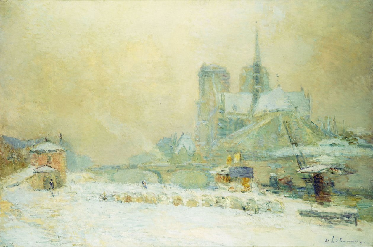 Pohled na Notre Dame, Paříž, z Quai de la Tournelle: Snow Effect; Notre Dame de Paris, Pohled z Quai de la Tournelle, Sněhový efekt, od Albert Charles Lebourg