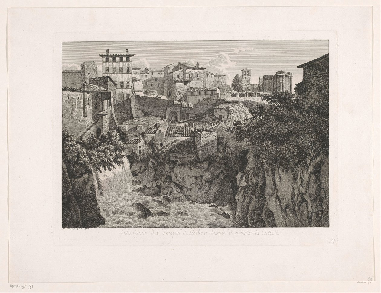 Pohled na Tivoli, s chrámem Vesta v dálce Situazione del Tempio di Vesta a Tivoli dirimpetto la Cascata (název na objektu) Malay Radirte Prospekte aus Italien (název série) od Albert Christoph Dies
