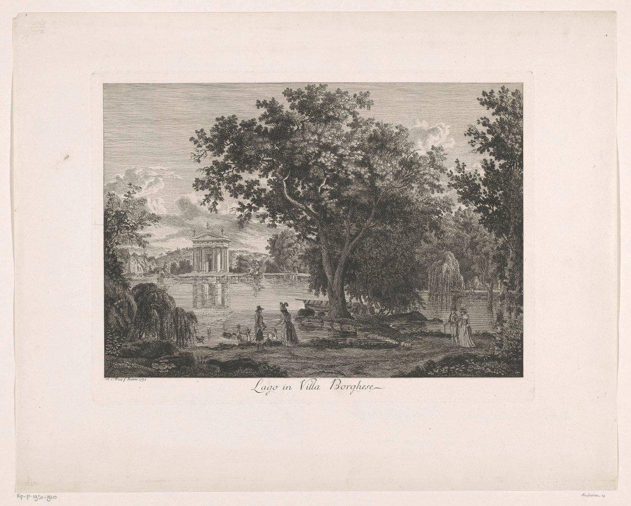 Pohled na jezero u Villa Borghese Lago at Villa Borghese (název na objektu) Malay Radirte Prospekte aus Italien (název série) od Albert Christoph Dies