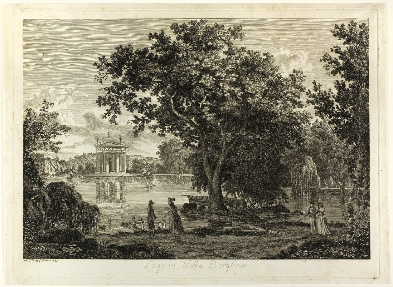 Jezero ve Villa Borghese od Albert Christoph Dies